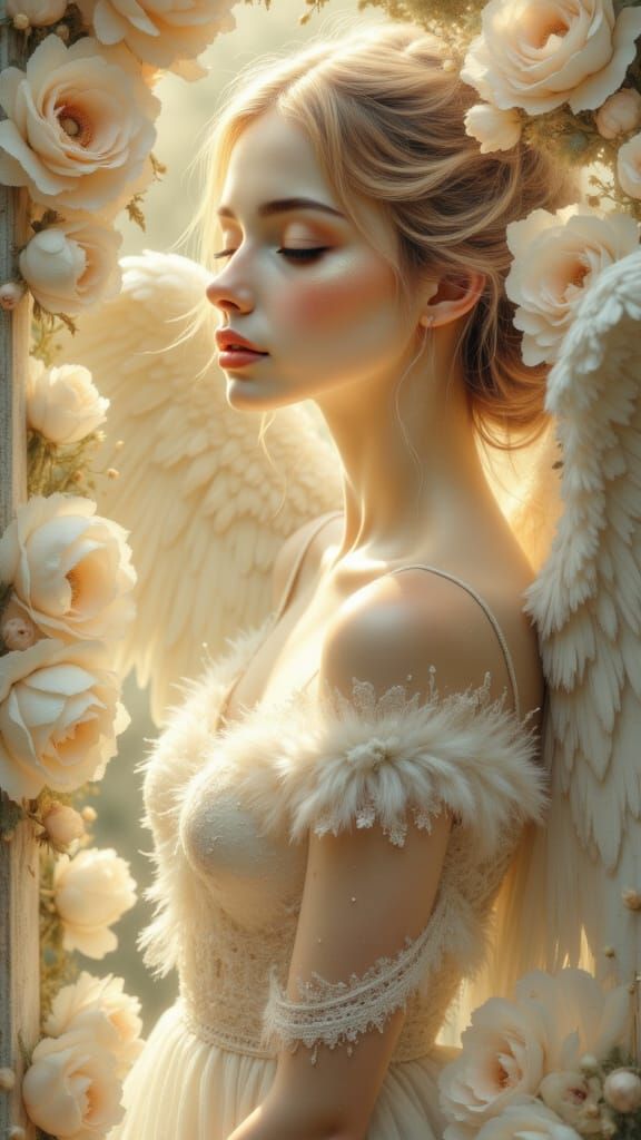 Serene Angel in Ethereal Light with Cream Roses