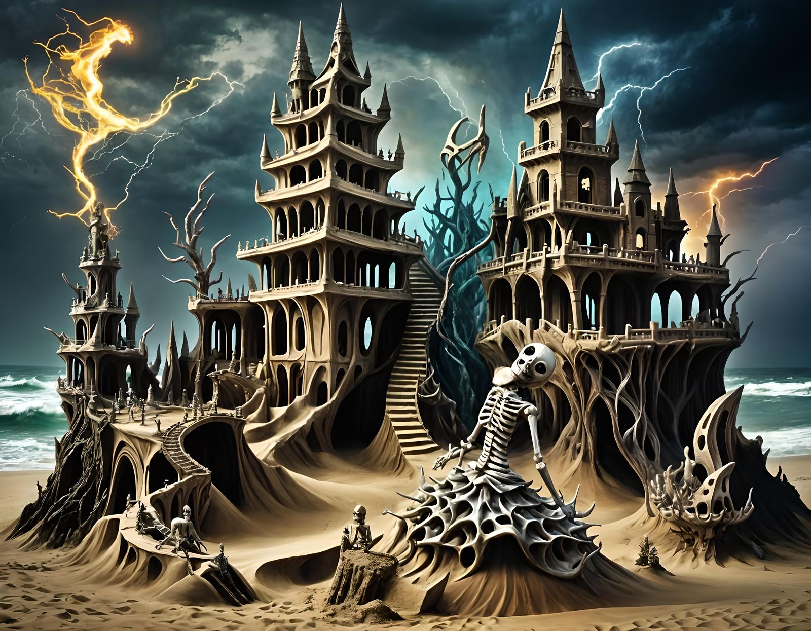 Darkpunk Mermaidcore Sandcastle Arcology with Dancing Skelet...