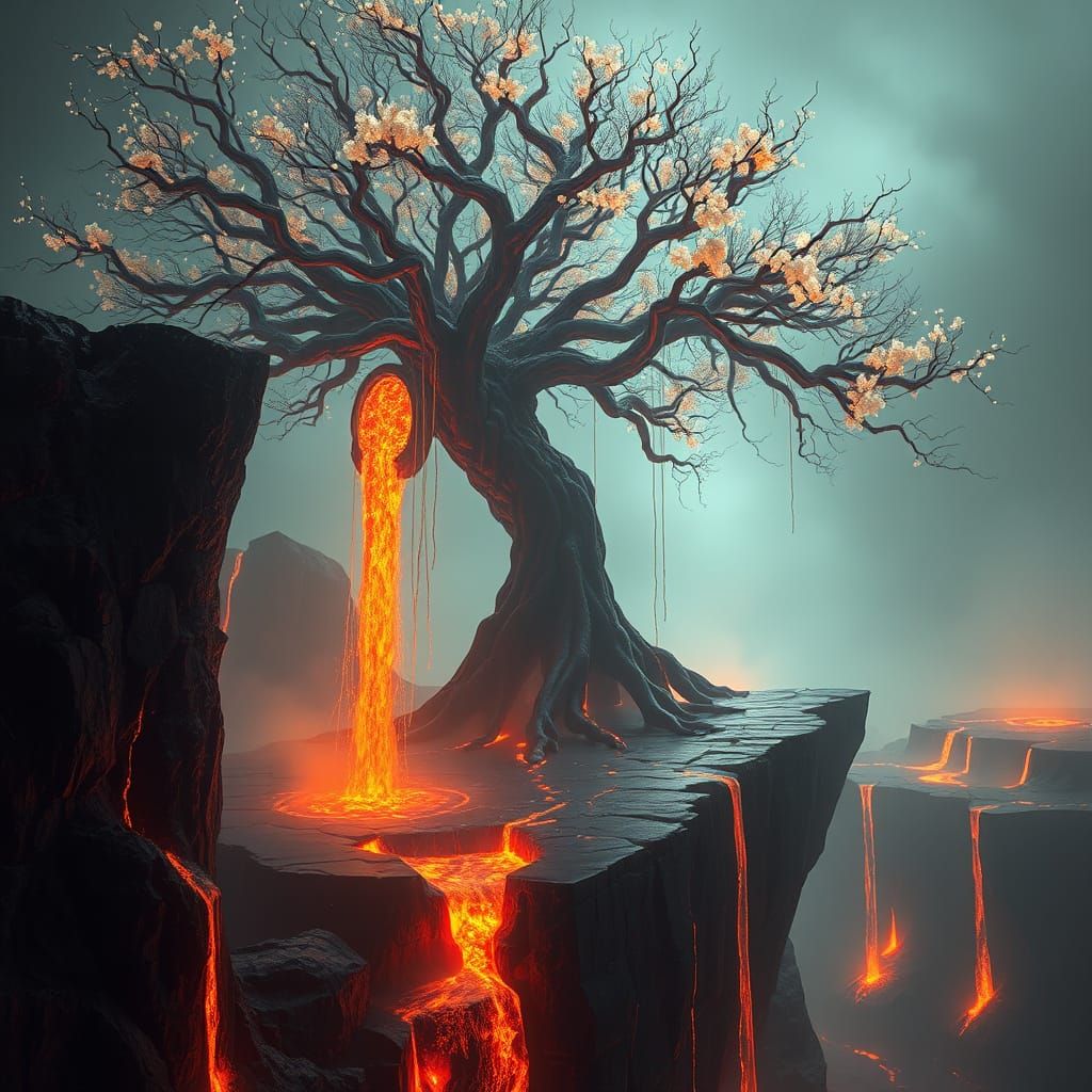 Surreal Obsidian Isle Blooms with Luminous Biomechanical Tre...