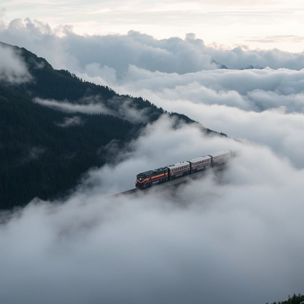 Train Chugs Through Majestic Cloudy Mountains