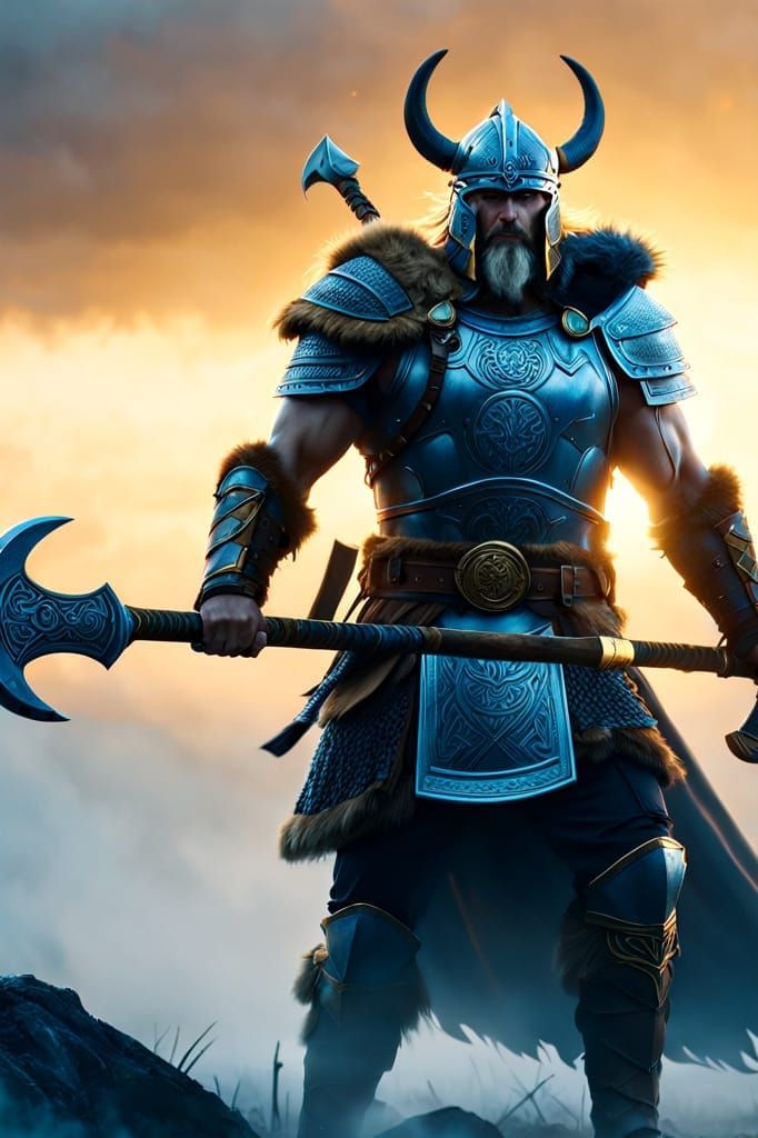 Powerful Norse Warrior Grips Battle Axe