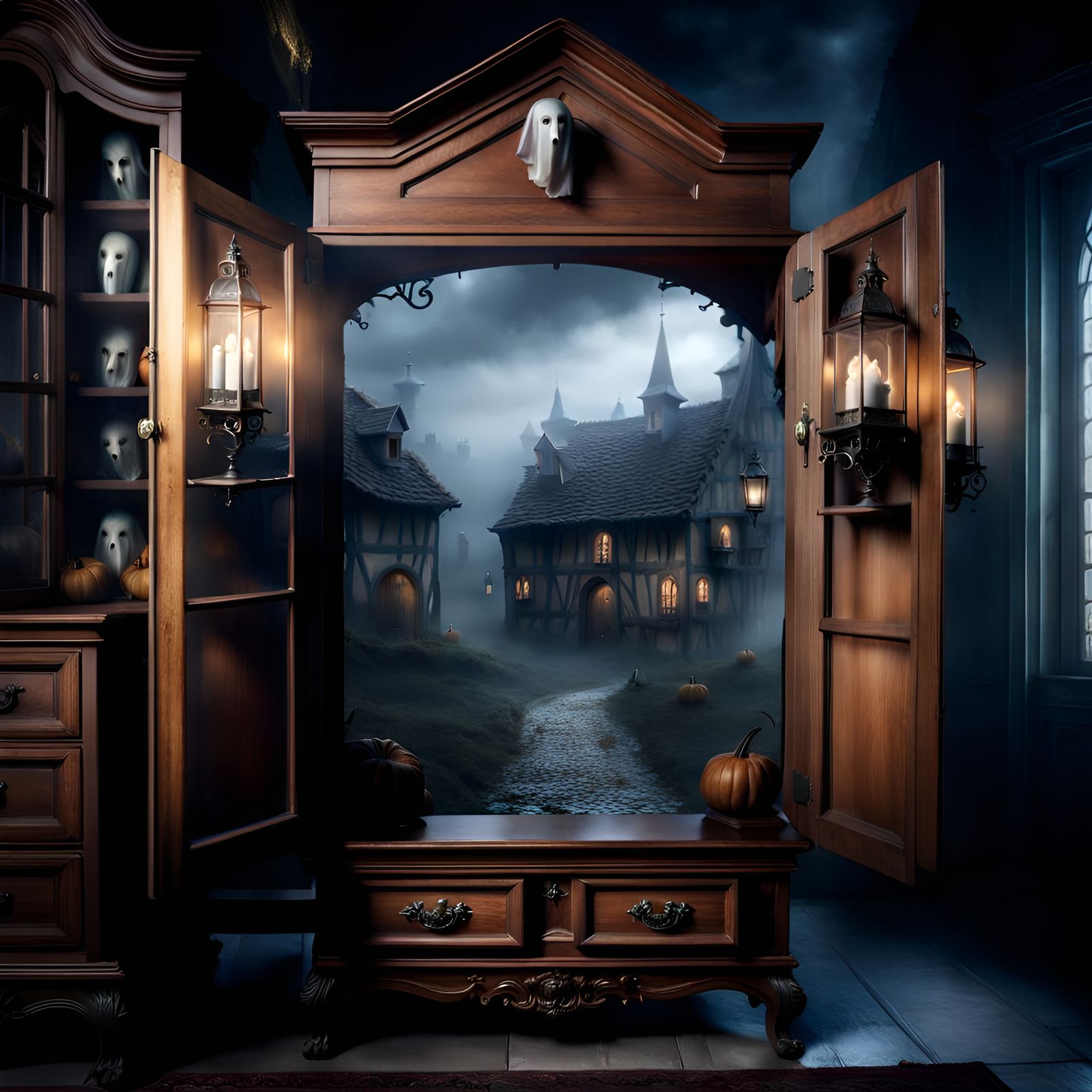 Haunted Village Square With Spirit Ghosts Inside Cupboard