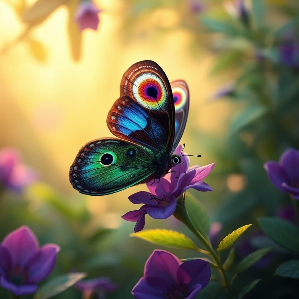 Iridescent Peacock Butterfly on Purple Flower