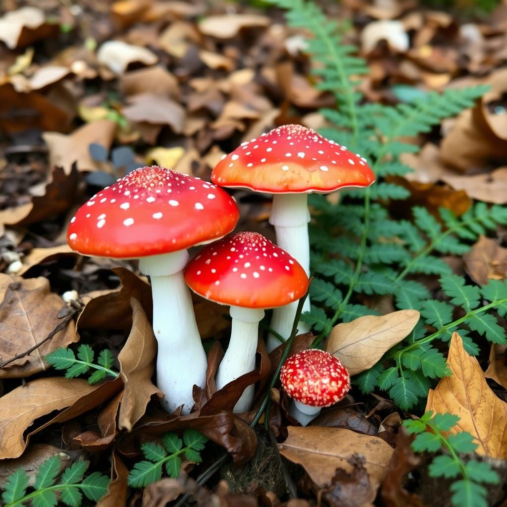 Scarlet Mycena Mushrooms in Whimsical Forest Scene