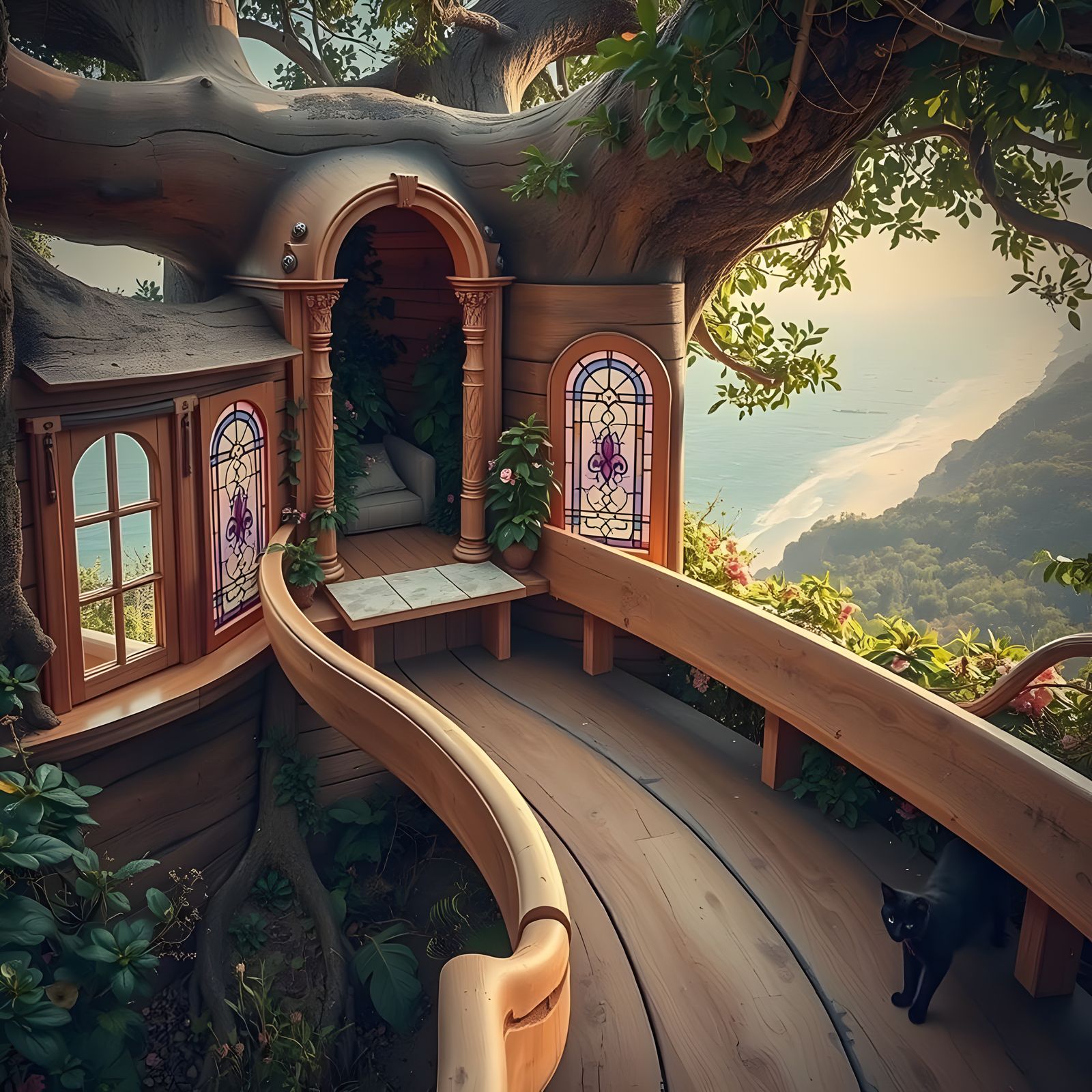 Whimsical Treehouse Slide Unfolds in a Lush Forest