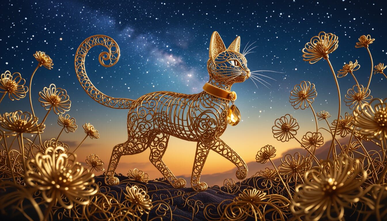 Golden Wire Cat with Topaz in Dream Landscape