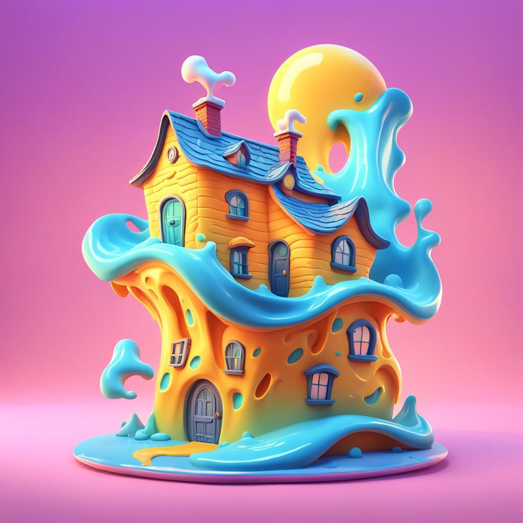 Surreal Melting Cheese House: 3D Digital Art