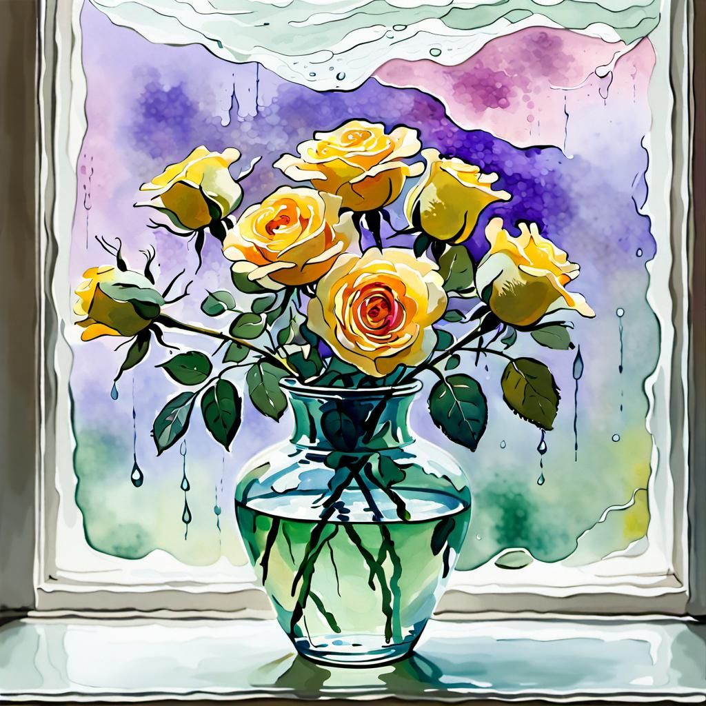 a translucent vase filled with yellow roses flowers : an abstract background window pane with water running down in sage...