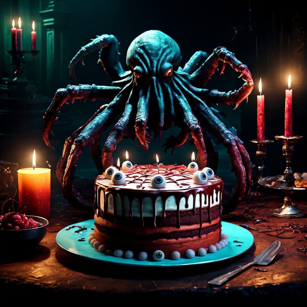 Cthulhu's Birthday Cake and Spider in Ominous Room