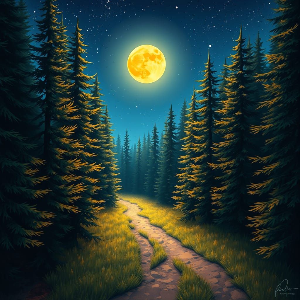 Moonlit Forest Path Under Starry Sky Digital Painting