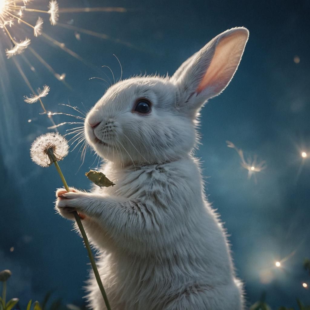 Rabbit Blowing Dandelion in Ethereal Blue Light