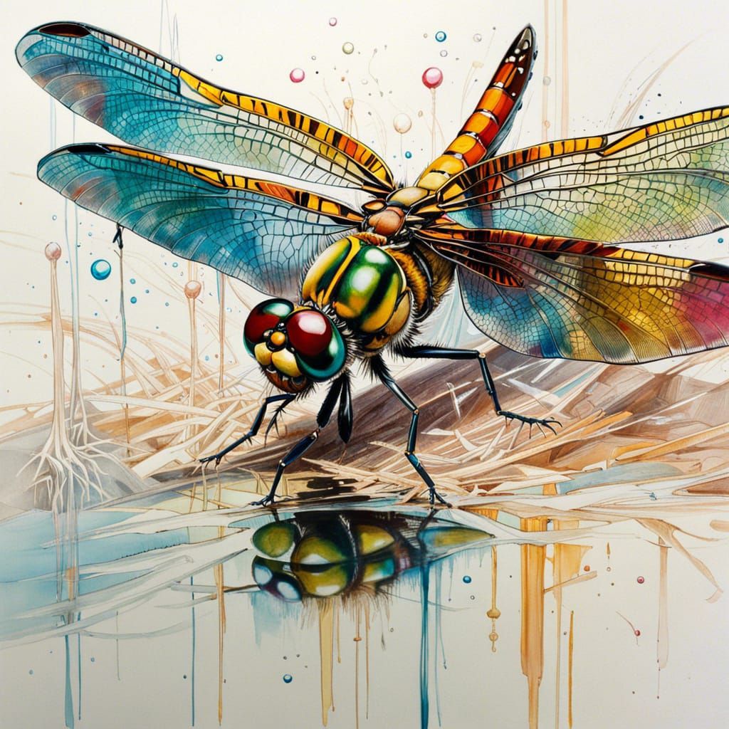 Dragonfly Touching Mirrored Reflection in Vivid Colors