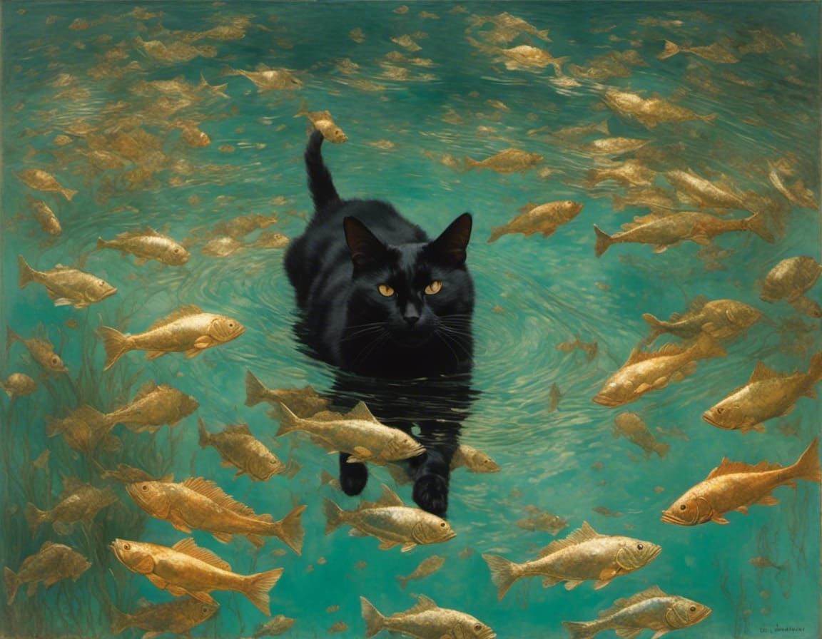 Black Cat Swimming with Gold Fish