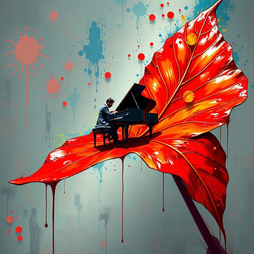 Man Plays Piano on Giant Leaf Amidst Graffiti Art