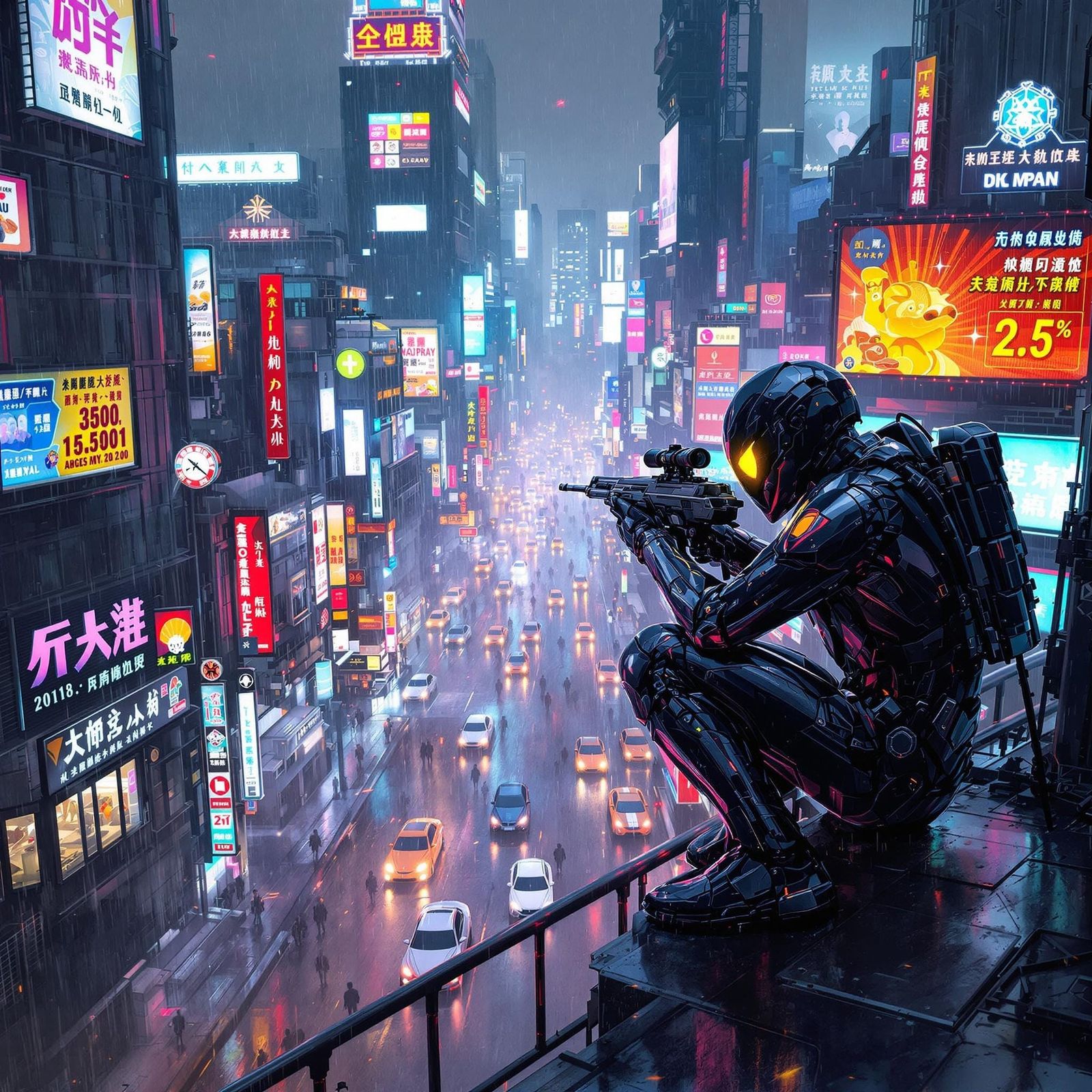Cyber Warrior Scans the Futuristic Cityscape