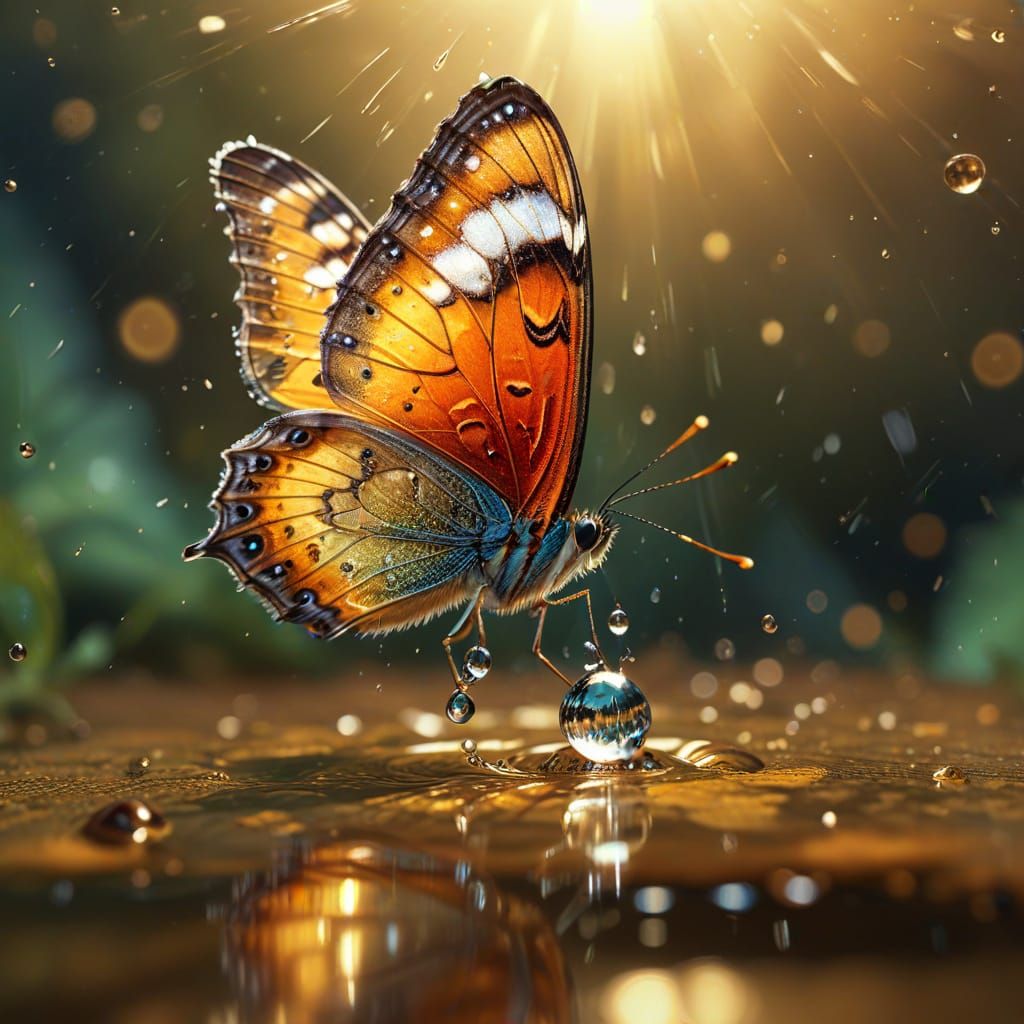 Intricate Butterfly Emerges from a Golden Water Droplet