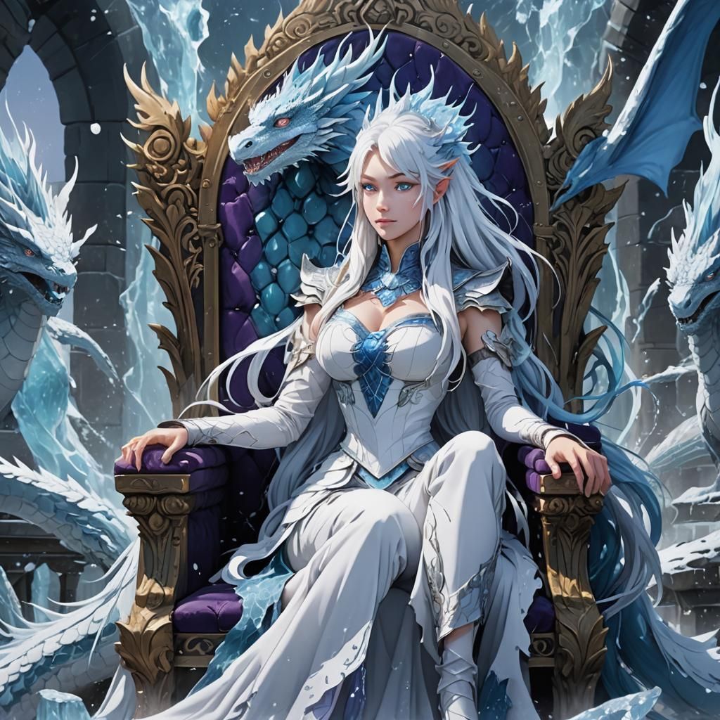 Anime Water Dragon Queen on Icy Throne