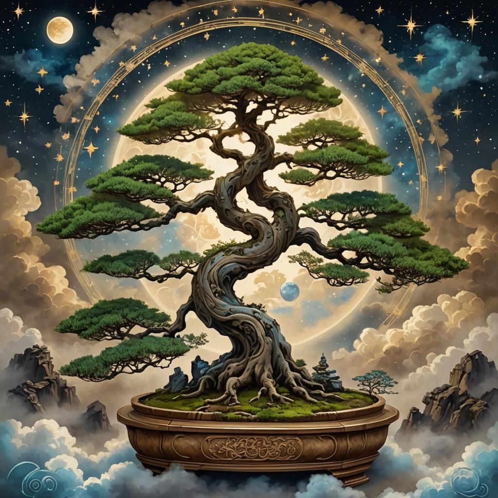 Bonsai Cloud Tree in Alchemical Manuscript, Digital Art