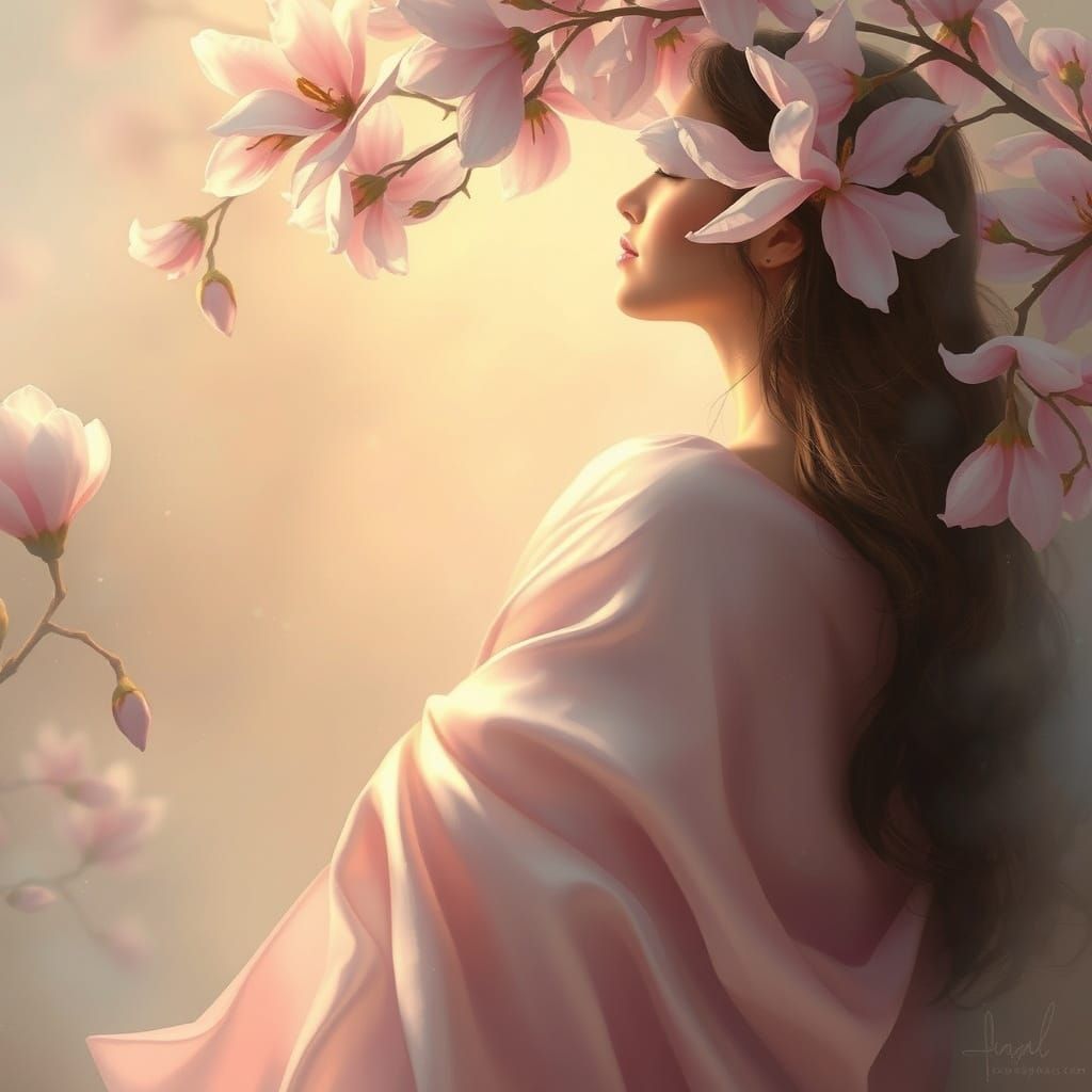 Ethereal Woman in Profile with Magnolias