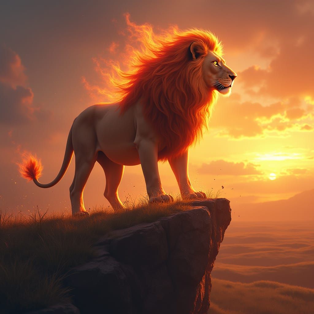 Majestic Lion in Fiery Sunset Landscape, Digital Painting