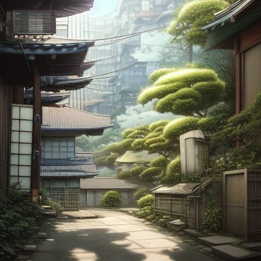 Lush Japanese Alley in Anime Style