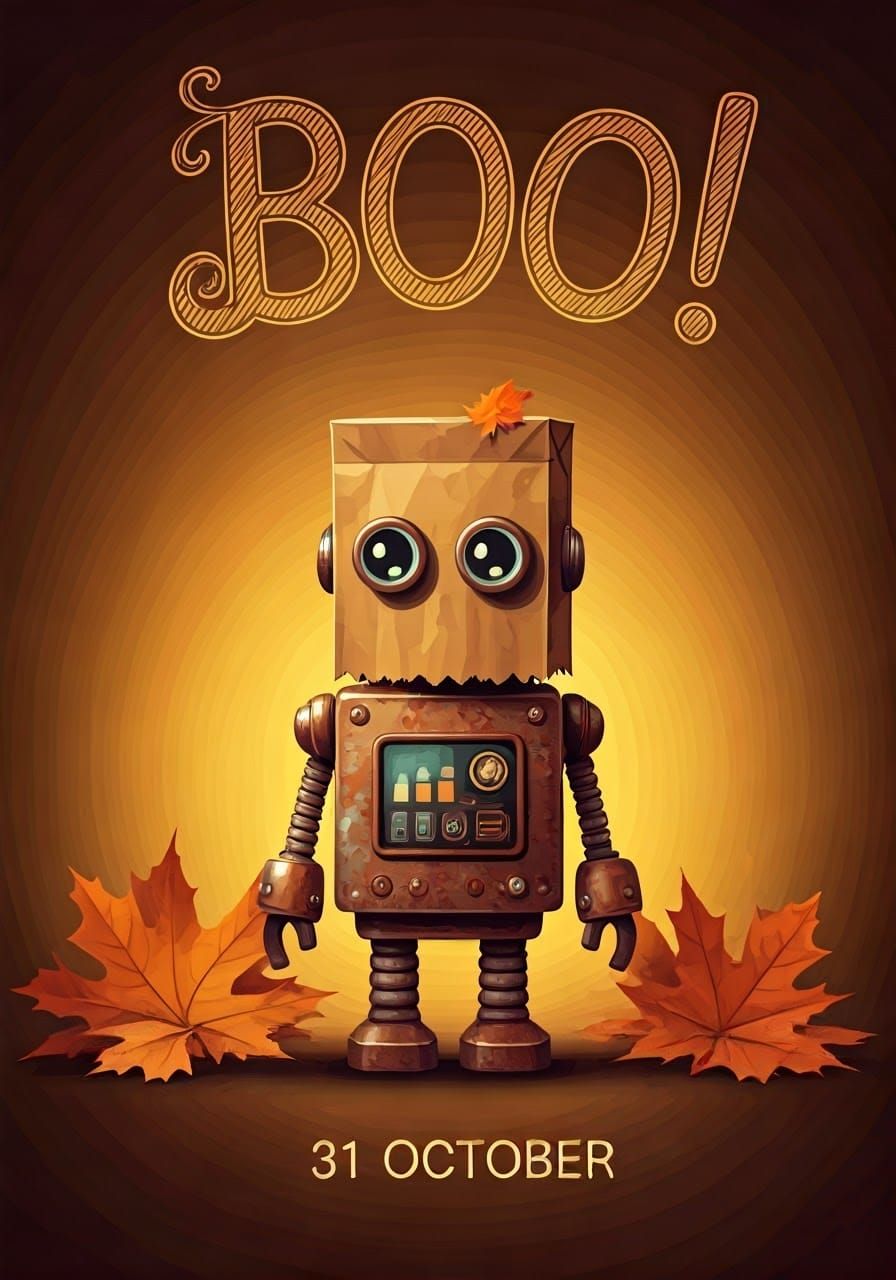 Whimsical Robot in Autumnal Halloween Illustration