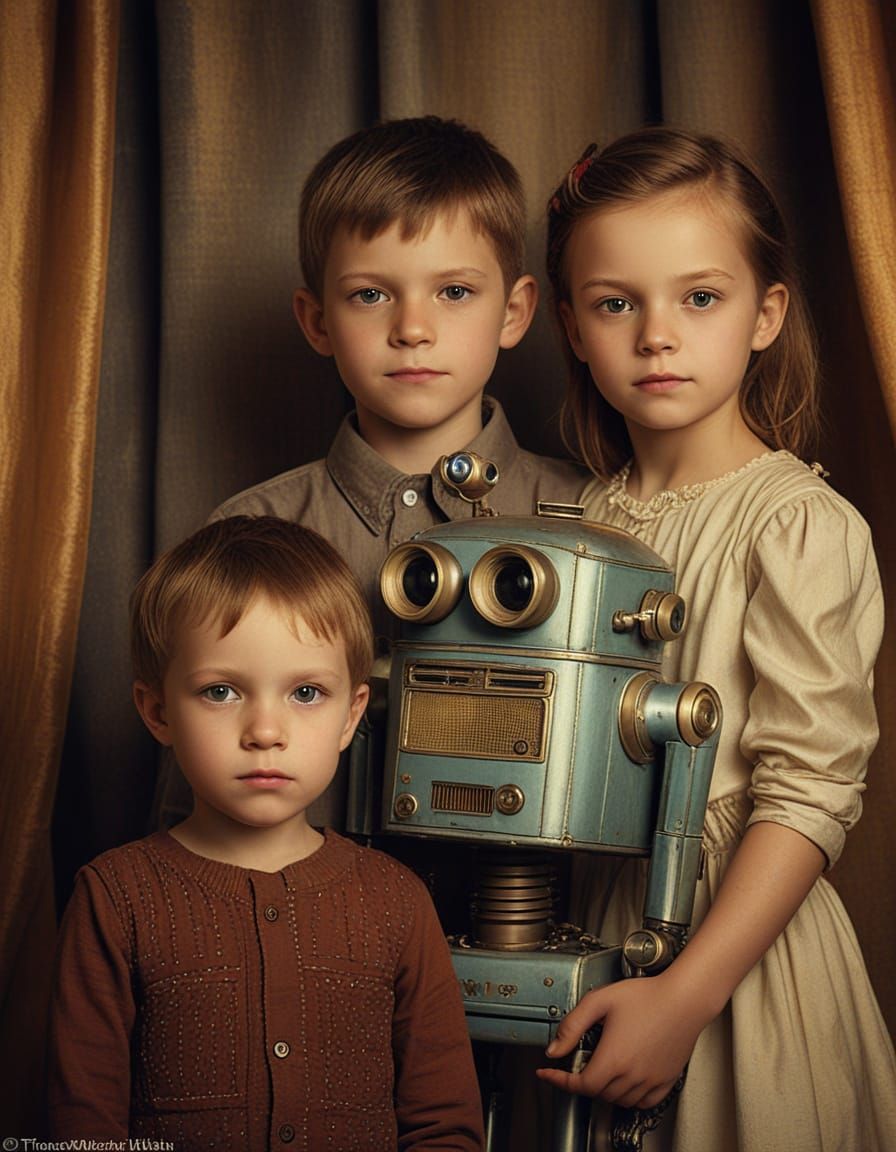 Children and Robot Portrait in Surrealist Style