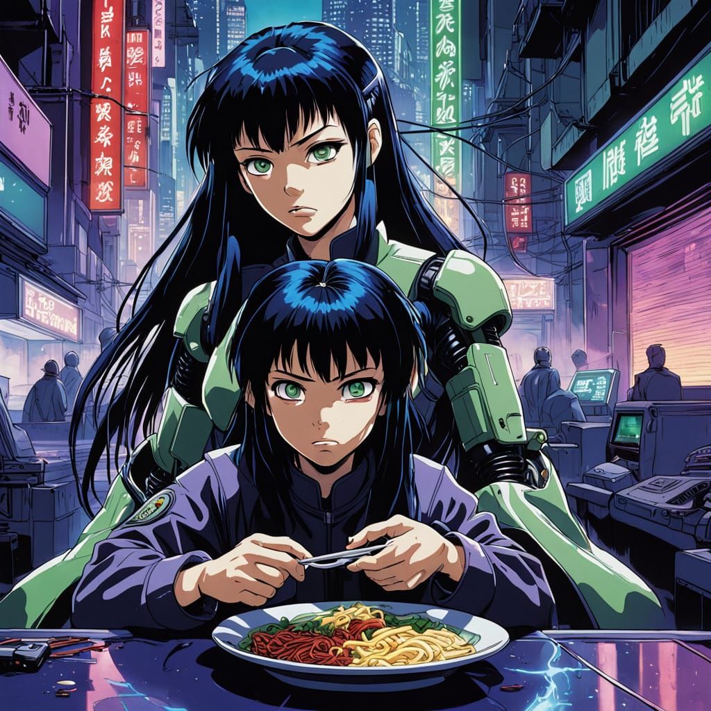Retro Anime Cyborg Children in Neon Cityscape