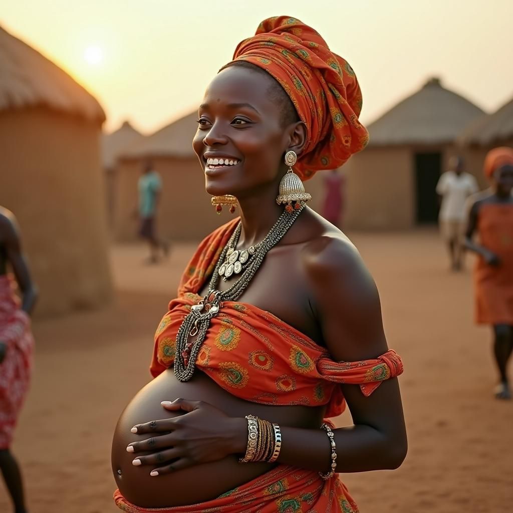 Radiant Pregnant Woman in African Village, Cinematic Style