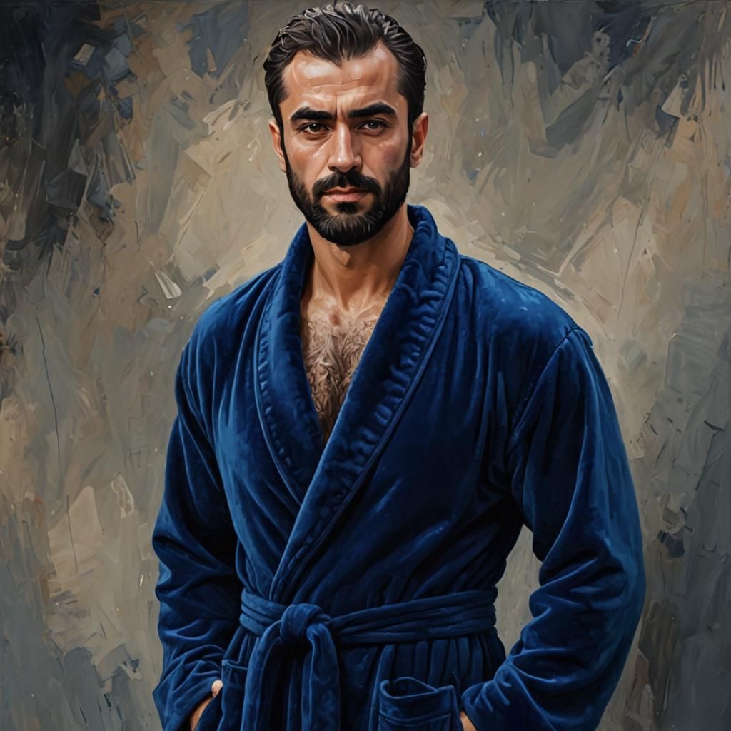 Handsome Turkish Man in Blue Velvet Bathrobe as Impasto Pain...