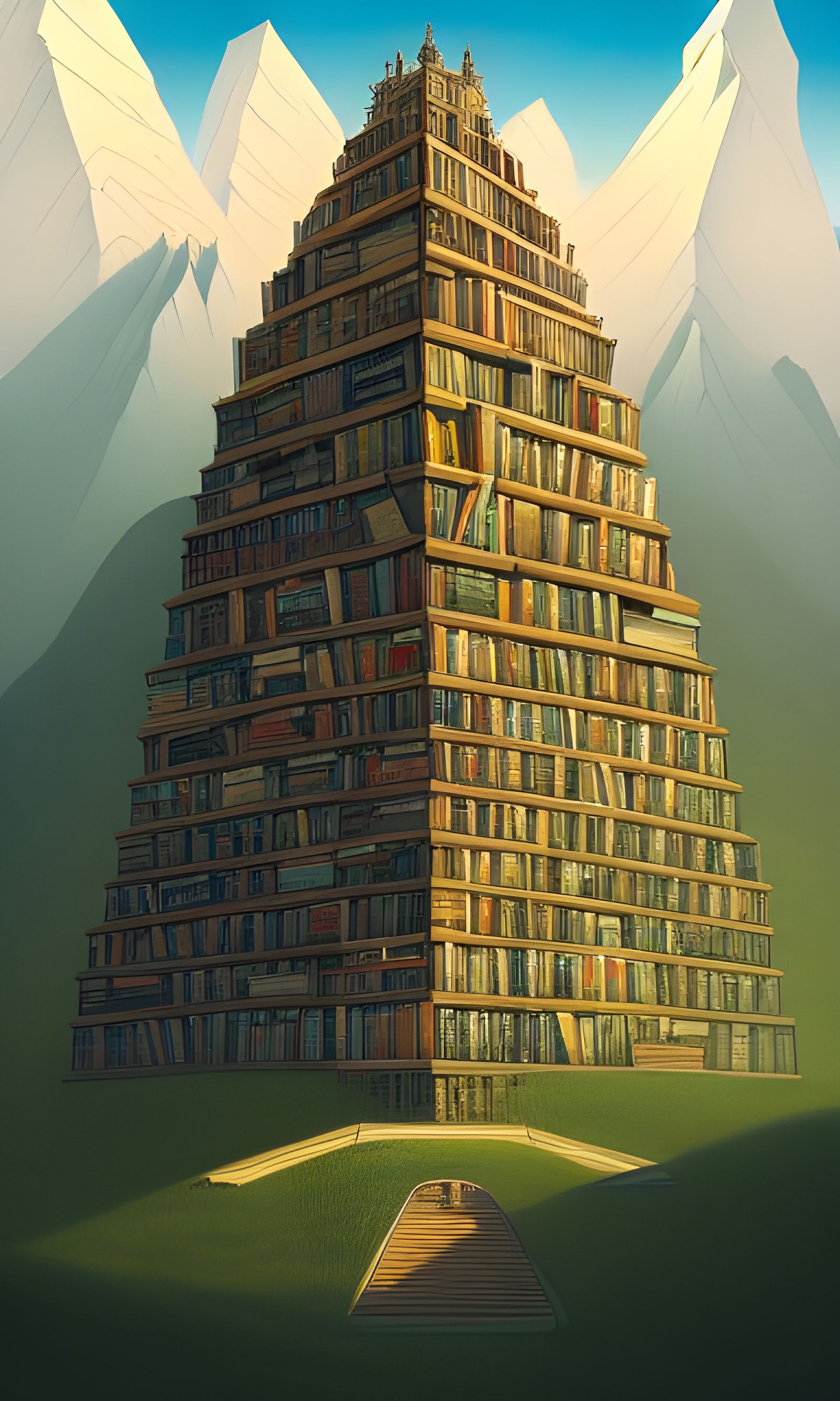 Surreal Library Megastructure on Mountain in 3D Rendered Sty...