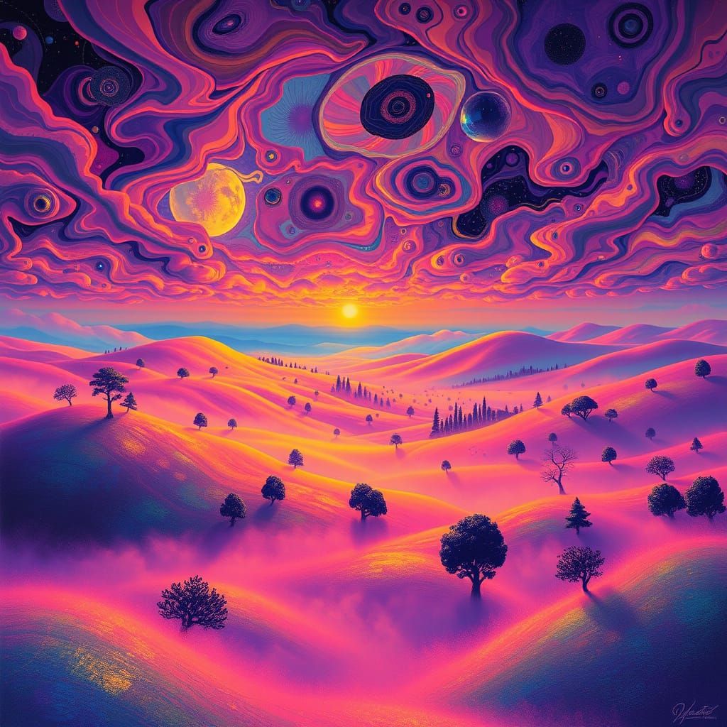 Dreamlike Realms in Vibrant, Iridescent Hues