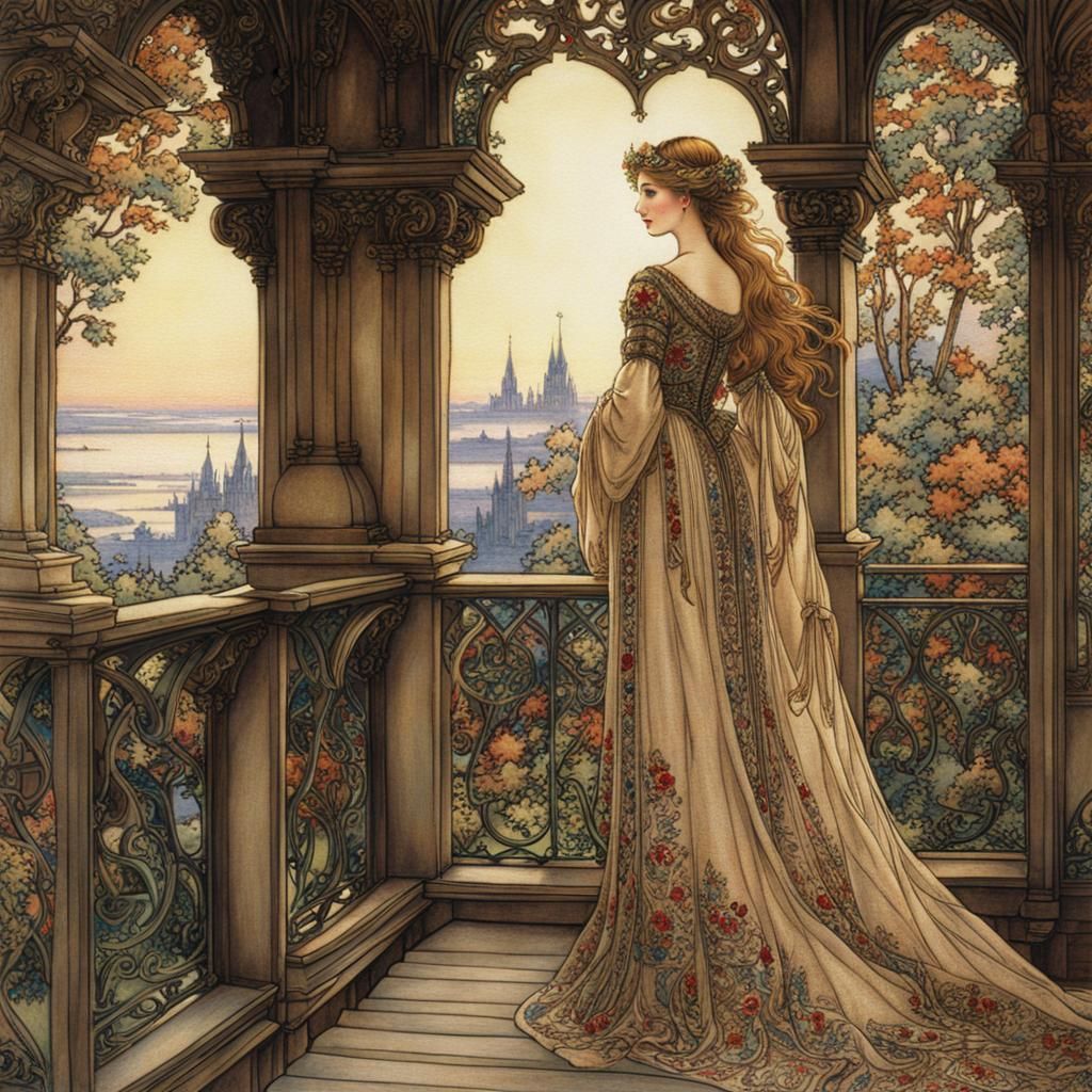 Fantasy Maiden on Balcony in Arthur Rackham Style