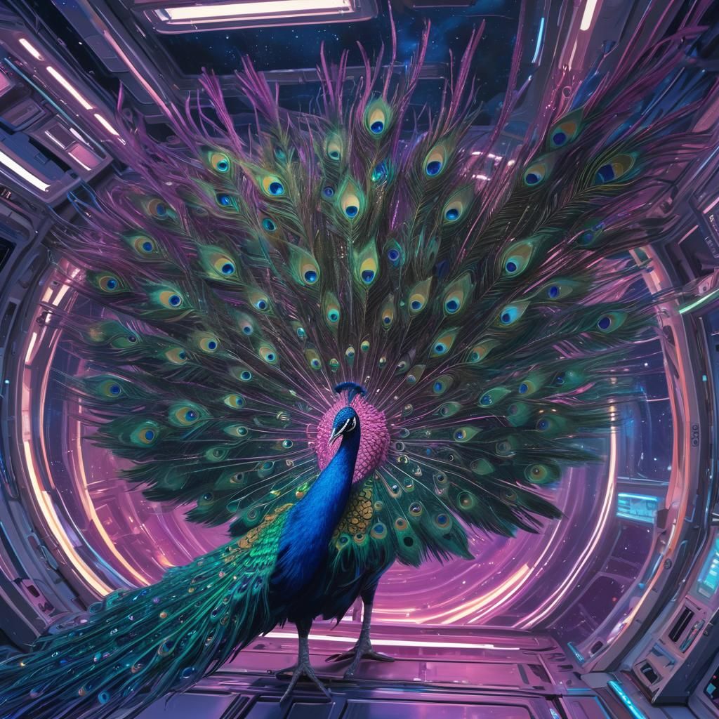 Surreal Space Peacock Masterpiece in Oil Painting Style