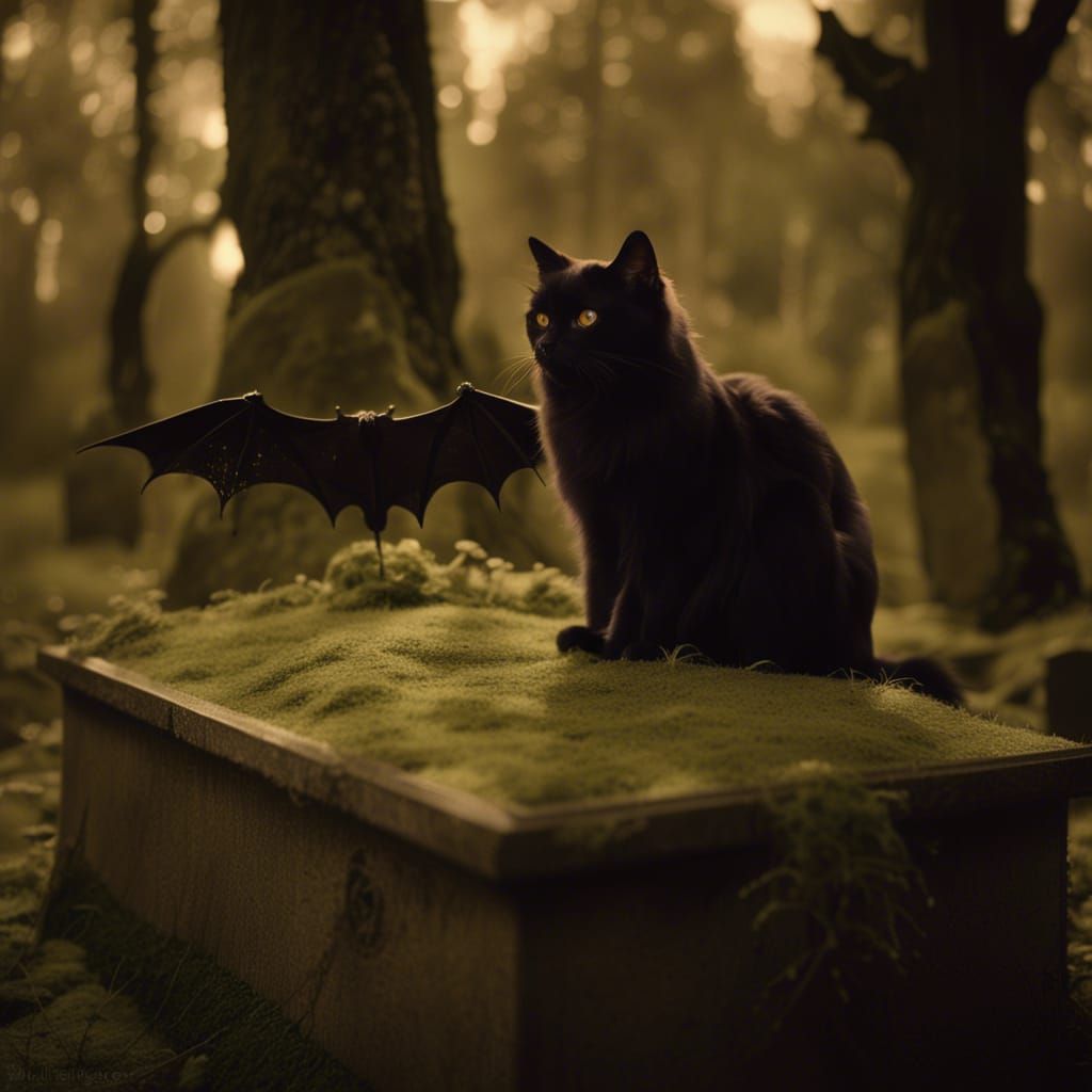 Black Cat with Bat Wings in Sepia Tone