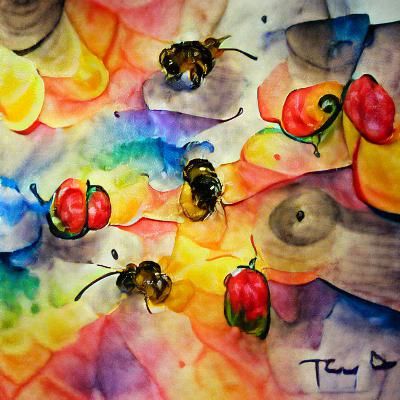 Colorful Watercolor Painting of Many Bees