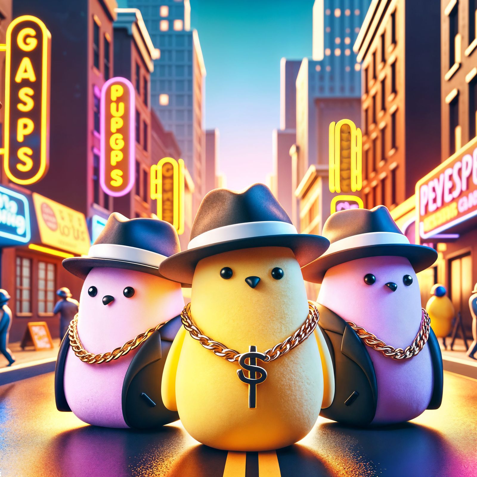 Adorable Peeps Gangsters in Bright City Streets