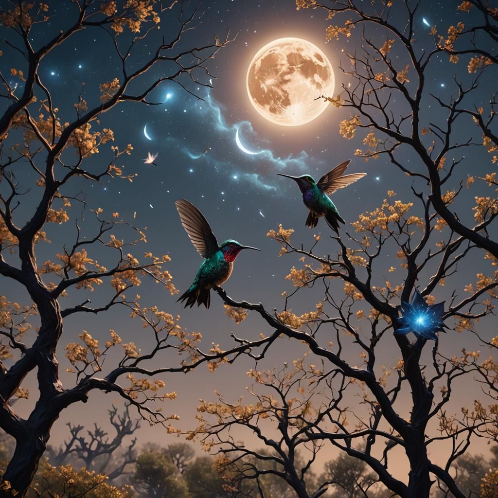 Hummingbird Among Moon, Constellations and Trees