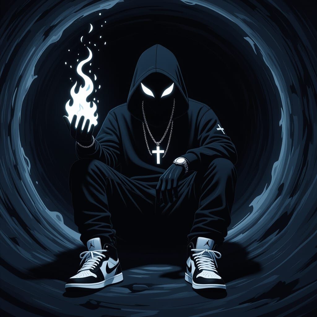 Shadowy Figure with White Flames in Black Hole