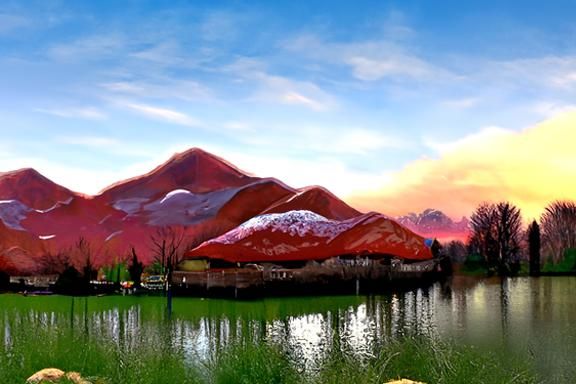 Snowy Hills by Lake at Sunset: Photorealistic Landscape
