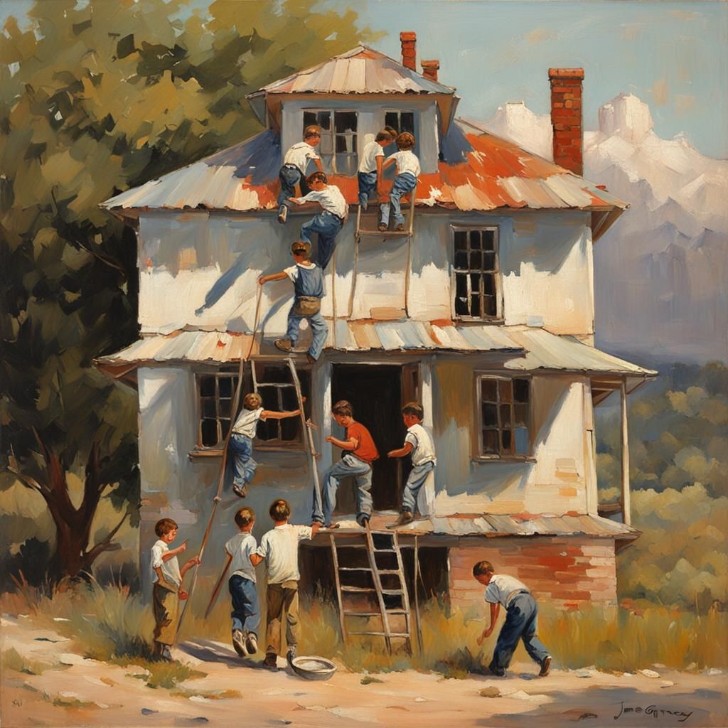 Boys Painting a House in Oil Painting Style