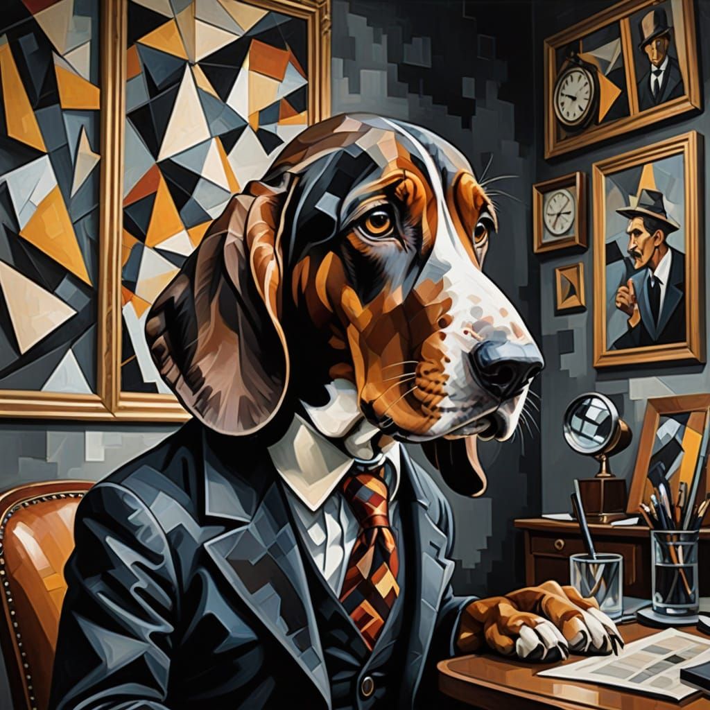 Cubist Basset Hound Detective in Vintage Office