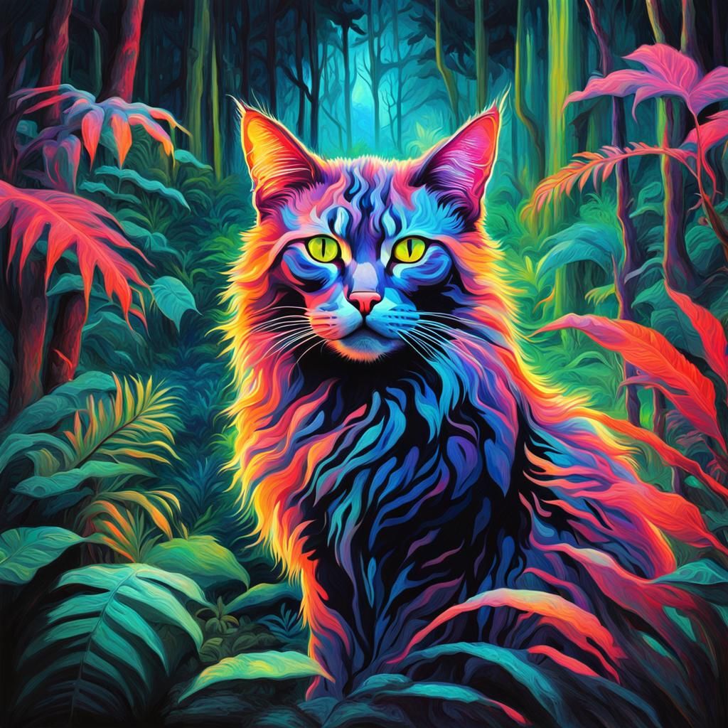 Psychedelic Cat with Glowing Fur in Dream Jungle