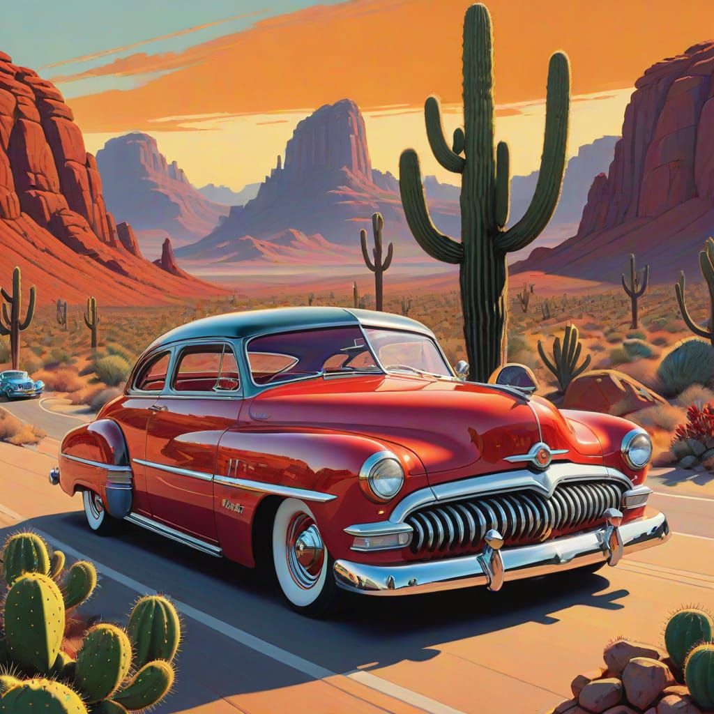 A 1950s-style hot rod, sleek, cherry-red speedster, adorned with chrome accents.