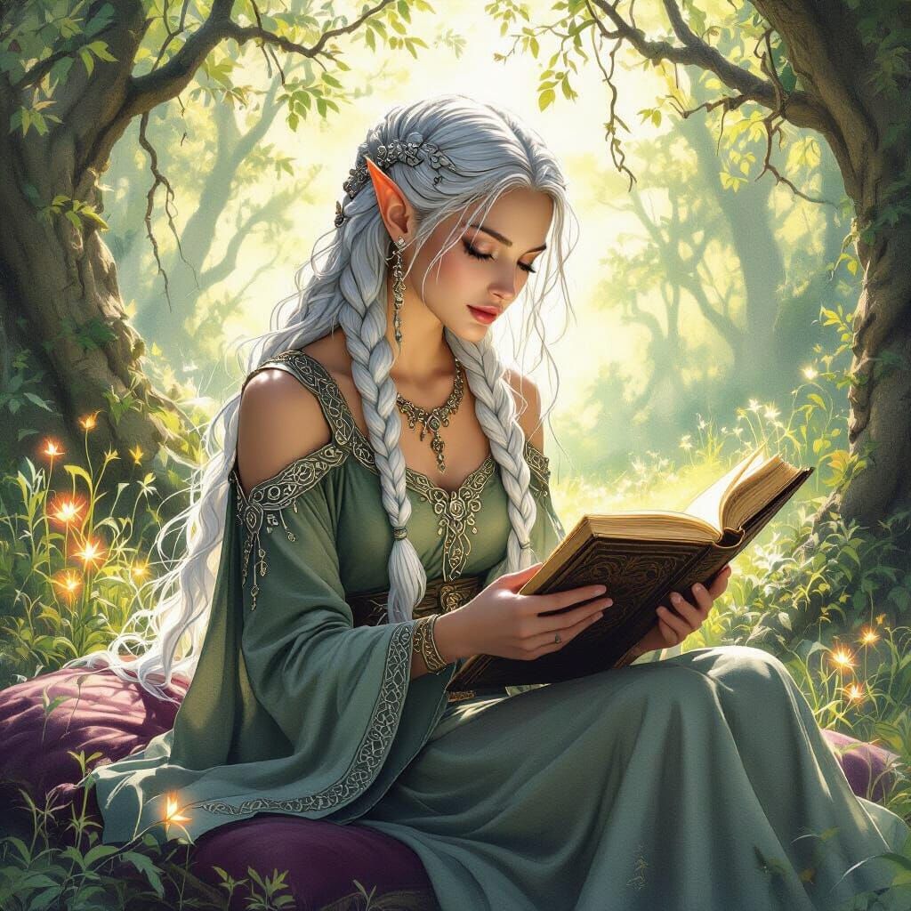 Elf Maiden Studying Tome in Forest Clearing