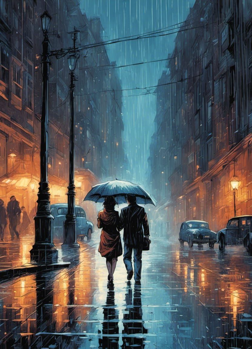 Couple Walking in the Rain: Neo-Impressionist Comic Art