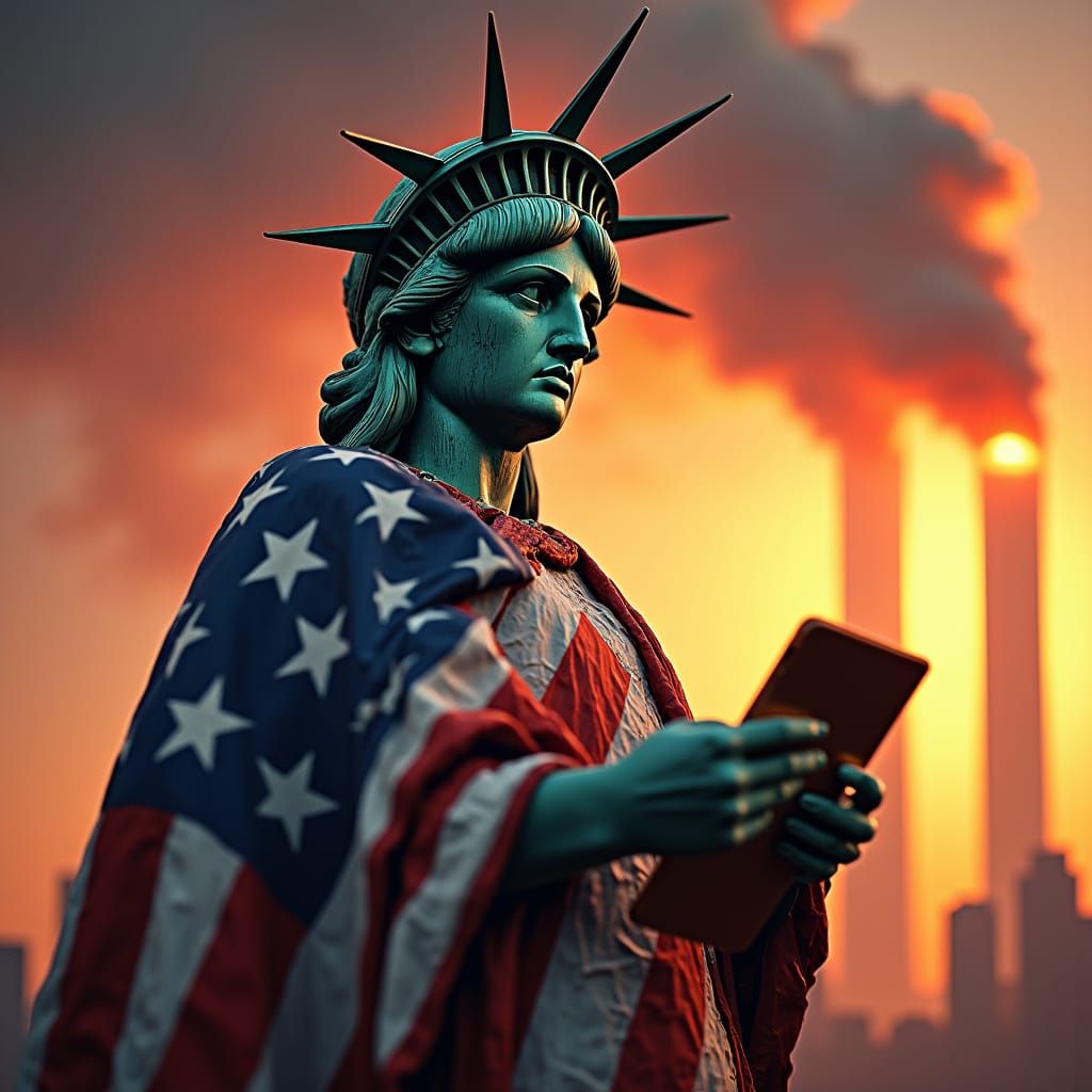 Lady Liberty in USA Flag Burning Towers