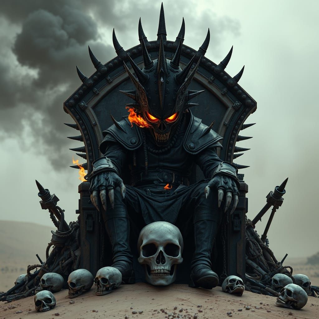 Wasteland Warlord on Skull Throne in Dark Horror Style