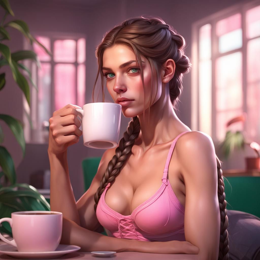 Brunette Girl Drinking Coffee: Hyperdetailed Digital Portrai...