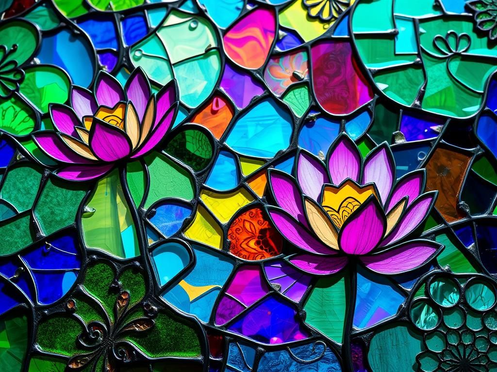 Stained Glass Water Lilies in Impressionist Style